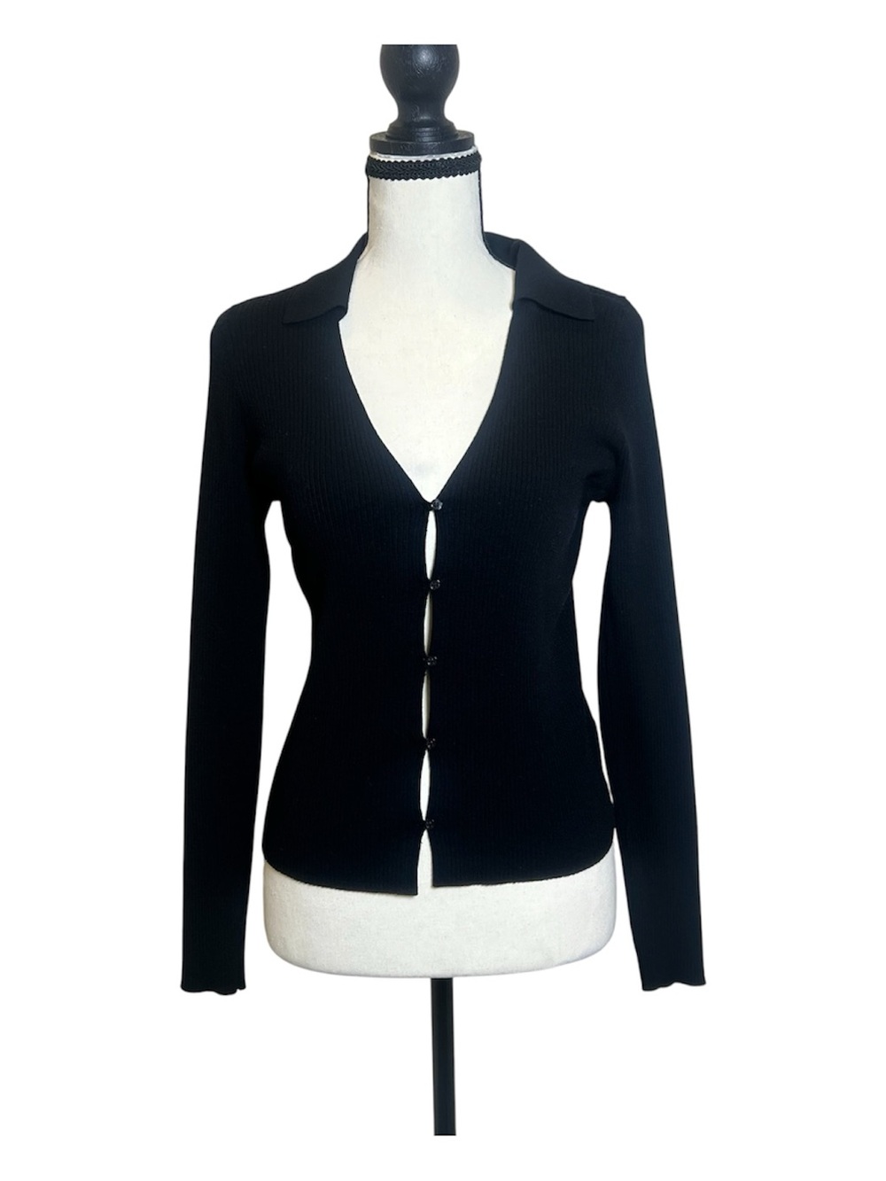 H&M Black V-Neck Ribbed Button-Front Collared Slim Cardigan Women’s M Whimsigoth